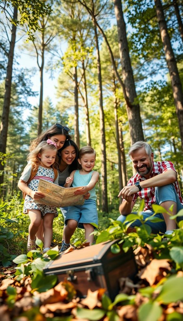 A vibrant, adventurous scene depicting a family of four, including a mother, father, and two children, engaged in a treasure hunt outdoors. In the foreground, the children hold a map and a compass, their faces illuminated with excitement. The mother points toward a hidden treasure chest partially buried under leaves, while the father kneels, examining a clue. The middle ground features a lush forest with tall trees, dappled sunlight filtering through the branches, creating a warm, inviting atmosphere. In the background, a clear blue sky adds to the cheerful mood. The overall composition should evoke a sense of discovery and fun, in line with natural, Pinterest-inspired aesthetics. Include elements that reflect the brand "KlickKiste" subtly integrated into the environment.