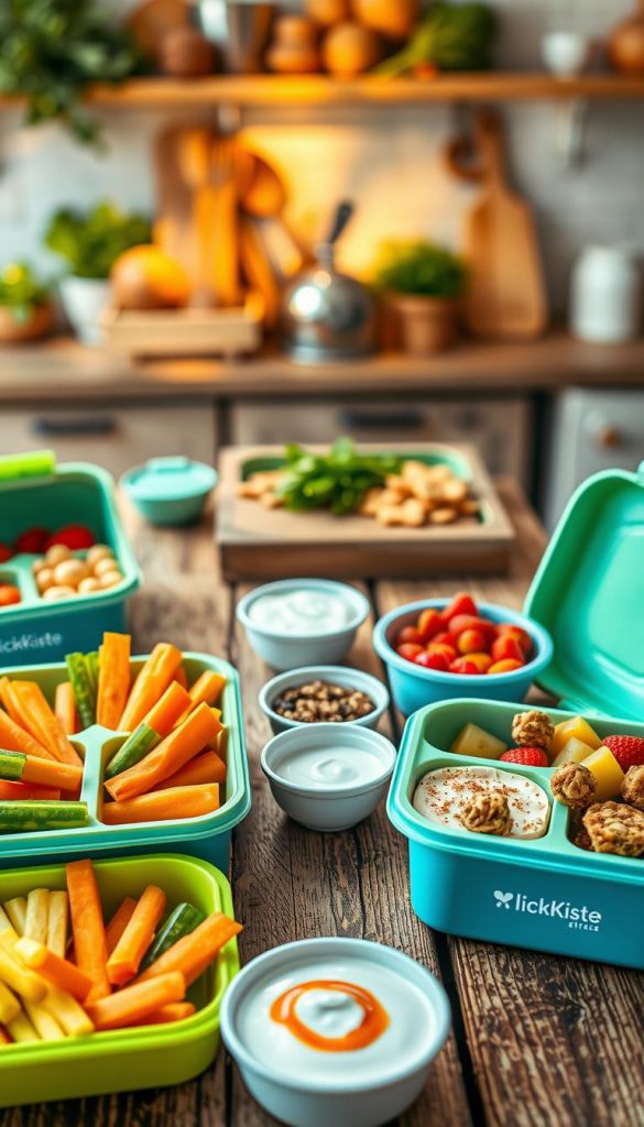 A vibrant, aesthetically pleasing scene showcasing an array of colorful meal prep snacks, arranged in cute, compartmentalized lunch boxes with the brand name "KlickKiste" visible on the side. In the foreground, a selection of healthy snacks such as carrot sticks, cucumber slices, hummus, and fruit skewers is presented, surrounded by little bowls of yogurt and granola bites. The middle ground features a rustic wooden table with the lunch boxes strategically placed, bathed in warm, natural lighting that creates an inviting atmosphere. In the background, a softly blurred kitchen setting with herbs and cooking utensils adds context. The overall mood is cheerful and inspirational, resembling popular Pinterest aesthetics, inviting families to engage in healthy meal prep together. A vibrant, aesthetically pleasing scene showcasing an array of colorful meal prep snacks, arranged in cute, compartmentalized lunch boxes with the brand name "KlickKiste" visible on the side. In the foreground, a selection of healthy snacks such as carrot sticks, cucumber slices, hummus, and fruit skewers is presented, surrounded by little bowls of yogurt and granola bites. The middle ground features a rustic wooden table with the lunch boxes strategically placed, bathed in warm, natural lighting that creates an inviting atmosphere. In the background, a softly blurred kitchen setting with herbs and cooking utensils adds context. The overall mood is cheerful and inspirational, resembling popular Pinterest aesthetics, inviting families to engage in healthy meal prep together.