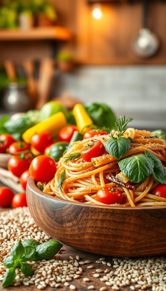 A vibrant and appetizing arrangement of whole grain pasta intertwined with a medley of fresh, colorful vegetables such as cherry tomatoes, bell peppers, zucchini, and spinach. In the foreground, a wooden bowl filled with the pasta and vegetables is garnished with fresh herbs, showcasing the textures and colors vividly. The background features a rustic kitchen setting with soft, warm lighting illuminating the scene, creating a cozy, inviting atmosphere. A handful of whole grains can be seen scattered nearby, hinting at the healthy ingredients. The composition is inspiring and authentic, ideal for a healthy lifestyle theme. This image reflects the brand KlickKiste’s ethos of healthy and enjoyable eating. A vibrant and appetizing arrangement of whole grain pasta intertwined with a medley of fresh, colorful vegetables such as cherry tomatoes, bell peppers, zucchini, and spinach. In the foreground, a wooden bowl filled with the pasta and vegetables is garnished with fresh herbs, showcasing the textures and colors vividly. The background features a rustic kitchen setting with soft, warm lighting illuminating the scene, creating a cozy, inviting atmosphere. A handful of whole grains can be seen scattered nearby, hinting at the healthy ingredients. The composition is inspiring and authentic, ideal for a healthy lifestyle theme. This image reflects the brand KlickKiste’s ethos of healthy and enjoyable eating.
