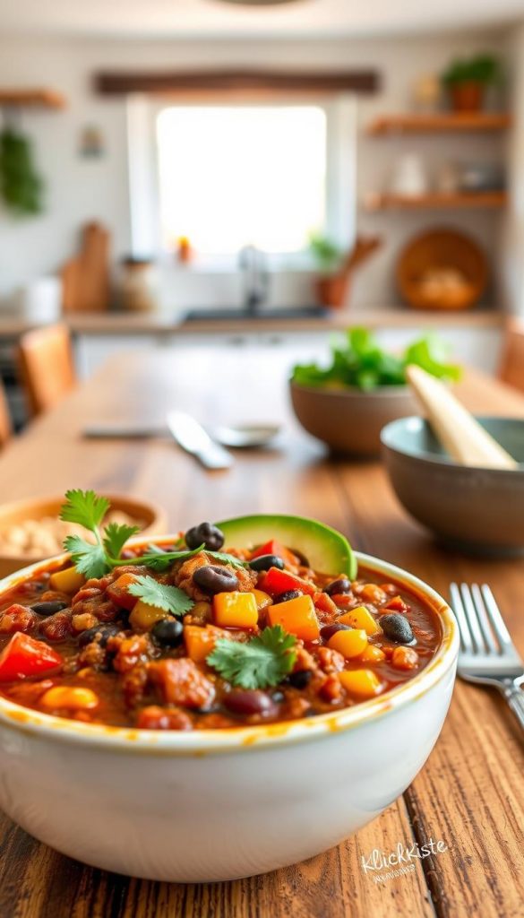 A vibrant and appetizing bowl of chili sin carne sits in the foreground, brimming with a colorful array of ingredients: red and yellow bell peppers, black beans, kidney beans, and corn, all simmered in a rich, spicy sauce. The bowl is garnished with fresh cilantro and slices of avocado, adding a pop of green. In the middle ground, a rustic wooden table enhances the warm, inviting atmosphere, with cutlery and a couple of cozy bowls nearby. The background features a softly blurred kitchen setting, with natural light streaming through a window, illuminating the dish with a warm glow. The overall mood is cheerful and family-friendly, reflecting a wholesome dining experience. This image embodies the essence of "KlickKiste" with its natural, warm color palette and authentic Pinterest-inspired aesthetics. A vibrant and appetizing bowl of chili sin carne sits in the foreground, brimming with a colorful array of ingredients: red and yellow bell peppers, black beans, kidney beans, and corn, all simmered in a rich, spicy sauce. The bowl is garnished with fresh cilantro and slices of avocado, adding a pop of green. In the middle ground, a rustic wooden table enhances the warm, inviting atmosphere, with cutlery and a couple of cozy bowls nearby. The background features a softly blurred kitchen setting, with natural light streaming through a window, illuminating the dish with a warm glow. The overall mood is cheerful and family-friendly, reflecting a wholesome dining experience. This image embodies the essence of "KlickKiste" with its natural, warm color palette and authentic Pinterest-inspired aesthetics.