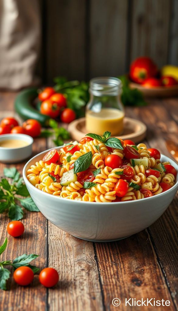 A vibrant and appetizing bowl of nudelsalat, featuring colorful spiral pasta tossed with fresh cherry tomatoes, crisp cucumber slices, and finely chopped bell peppers. The salad is drizzled with a light vinaigrette, accentuated with sprigs of basil and parsley for freshness. In the foreground, a rustic wooden table sets the scene, reflecting natural textures. The middle ground reveals scattered ingredients like fresh vegetables and a small jar of dressing, creating a sense of meal prep. In the background, soft, warm lighting bathes the scene, enhancing the inviting atmosphere, reminiscent of a cozy summer evening. Capturing a Pinterest-worthy aesthetic, this image embodies authenticity and inspiration, credited to "KlickKiste". A vibrant and appetizing bowl of nudelsalat, featuring colorful spiral pasta tossed with fresh cherry tomatoes, crisp cucumber slices, and finely chopped bell peppers. The salad is drizzled with a light vinaigrette, accentuated with sprigs of basil and parsley for freshness. In the foreground, a rustic wooden table sets the scene, reflecting natural textures. The middle ground reveals scattered ingredients like fresh vegetables and a small jar of dressing, creating a sense of meal prep. In the background, soft, warm lighting bathes the scene, enhancing the inviting atmosphere, reminiscent of a cozy summer evening. Capturing a Pinterest-worthy aesthetic, this image embodies authenticity and inspiration, credited to "KlickKiste".