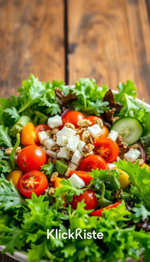 A vibrant and appetizing image of a fresh, colorful salad, primarily featuring crisp greens like romaine and arugula as the foreground. In the middle, include vibrant vegetables such as juicy cherry tomatoes, sliced cucumbers, and crunchy bell peppers. Add a sprinkle of feta cheese and a handful of mixed nuts for texture. The background should have a rustic wooden table surface, enhancing the natural, homely feel. Use soft, warm lighting that highlights the freshness of the ingredients, creating an inviting atmosphere. Capture the scene from a slightly elevated angle to show the layers of the salad clearly, while creating a Pinterest-like aesthetic. The branding "KlickKiste" should be subtly evoked through the arrangement, suggesting a simple, family-friendly dish perfect for summer gatherings. A vibrant and appetizing image of a fresh, colorful salad, primarily featuring crisp greens like romaine and arugula as the foreground. In the middle, include vibrant vegetables such as juicy cherry tomatoes, sliced cucumbers, and crunchy bell peppers. Add a sprinkle of feta cheese and a handful of mixed nuts for texture. The background should have a rustic wooden table surface, enhancing the natural, homely feel. Use soft, warm lighting that highlights the freshness of the ingredients, creating an inviting atmosphere. Capture the scene from a slightly elevated angle to show the layers of the salad clearly, while creating a Pinterest-like aesthetic. The branding "KlickKiste" should be subtly evoked through the arrangement, suggesting a simple, family-friendly dish perfect for summer gatherings.