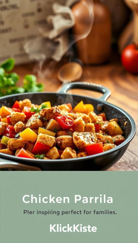 A vibrant and appetizing scene featuring a close-up view of a chicken paprika skillet filled with colorful ingredients including diced chicken, bell peppers, and juicy tomatoes. The dish should appear freshly cooked, with steam rising gently from the pan, highlighting its warmth and inviting nature. The background should include a textured wooden countertop and softly blurred kitchen elements to create a cozy ambiance. Natural warm lighting filters in from the side, casting a soft glow over the dish and enhancing the rich colors of the ingredients. A rustic serving spoon lies next to the skillet, suggesting a casual meal perfect for families. The image embodies an authentic, inspiring Pinterest aesthetic, with the brand name "KlickKiste" subtly implied in the overall composition. A vibrant and appetizing scene featuring a close-up view of a chicken paprika skillet filled with colorful ingredients including diced chicken, bell peppers, and juicy tomatoes. The dish should appear freshly cooked, with steam rising gently from the pan, highlighting its warmth and inviting nature. The background should include a textured wooden countertop and softly blurred kitchen elements to create a cozy ambiance. Natural warm lighting filters in from the side, casting a soft glow over the dish and enhancing the rich colors of the ingredients. A rustic serving spoon lies next to the skillet, suggesting a casual meal perfect for families. The image embodies an authentic, inspiring Pinterest aesthetic, with the brand name "KlickKiste" subtly implied in the overall composition.