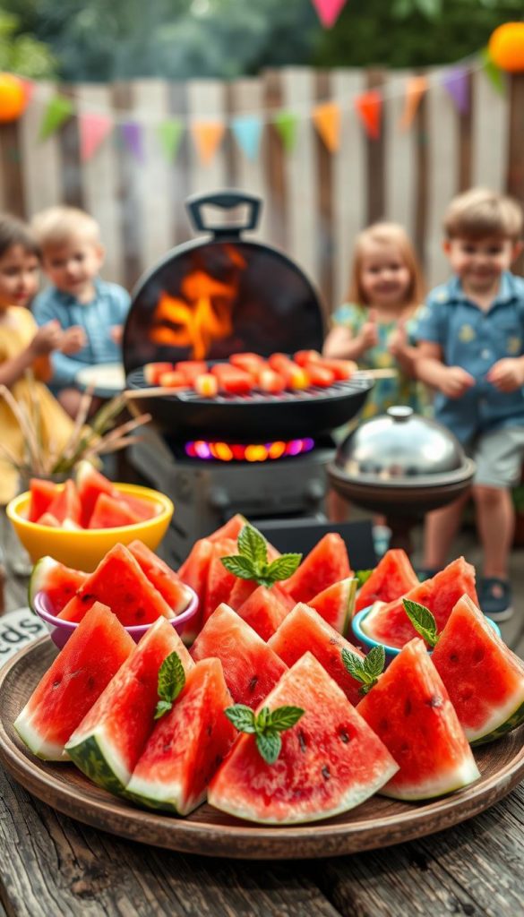 A vibrant and appetizing "wassermelonen dessert" styled for children, presented on a rustic wooden table. In the foreground, feature slices of watermelon shaped into fun, playful forms, garnished with mint leaves and served in colorful, child-friendly bowls. The middle ground should include a grill in action, with soft flames and skewers of fruit waiting to be enjoyed, radiating warmth and inviting energy. In the background, a lively outdoor family gathering is visible, with colorful decorations and cheerful children in modest casual clothing enjoying their desserts. Capture the scene in warm, natural lighting, using a soft-focus lens effect to evoke a cozy, inviting atmosphere. Ensure the overall look is authentically Pinterest-worthy, reflecting a warm and inspiring mood. Add subtle branding with "KlickKiste" visible on the dessert table. A vibrant and appetizing "wassermelonen dessert" styled for children, presented on a rustic wooden table. In the foreground, feature slices of watermelon shaped into fun, playful forms, garnished with mint leaves and served in colorful, child-friendly bowls. The middle ground should include a grill in action, with soft flames and skewers of fruit waiting to be enjoyed, radiating warmth and inviting energy. In the background, a lively outdoor family gathering is visible, with colorful decorations and cheerful children in modest casual clothing enjoying their desserts. Capture the scene in warm, natural lighting, using a soft-focus lens effect to evoke a cozy, inviting atmosphere. Ensure the overall look is authentically Pinterest-worthy, reflecting a warm and inspiring mood. Add subtle branding with "KlickKiste" visible on the dessert table.