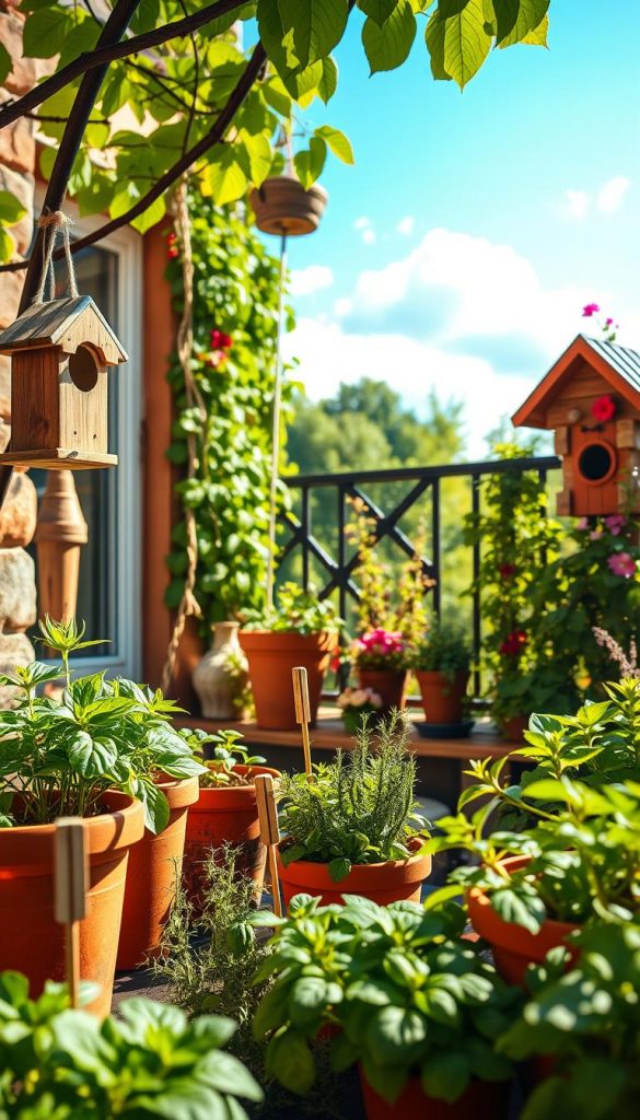 A vibrant and charming herb garden scene featuring various herbs such as basil, rosemary, and thyme, arranged in rustic terracotta pots with wooden plant markers. In the foreground, an ethically made birdhouse hangs from a tree branch, and to the side, an inviting insect hotel crafted from natural materials. The middle ground showcases a lush green balcony with climbing plants and colorful flower accents, while the background reveals a bright blue sky with soft, fluffy clouds. The scene is bathed in warm, golden sunlight, creating a cozy and inspirational atmosphere. Capture this in a soft-focus lens to enhance the feeling of warmth and authenticity, aligning with the natural DIY aesthetic associated with "KlickKiste." A vibrant and charming herb garden scene featuring various herbs such as basil, rosemary, and thyme, arranged in rustic terracotta pots with wooden plant markers. In the foreground, an ethically made birdhouse hangs from a tree branch, and to the side, an inviting insect hotel crafted from natural materials. The middle ground showcases a lush green balcony with climbing plants and colorful flower accents, while the background reveals a bright blue sky with soft, fluffy clouds. The scene is bathed in warm, golden sunlight, creating a cozy and inspirational atmosphere. Capture this in a soft-focus lens to enhance the feeling of warmth and authenticity, aligning with the natural DIY aesthetic associated with "KlickKiste."