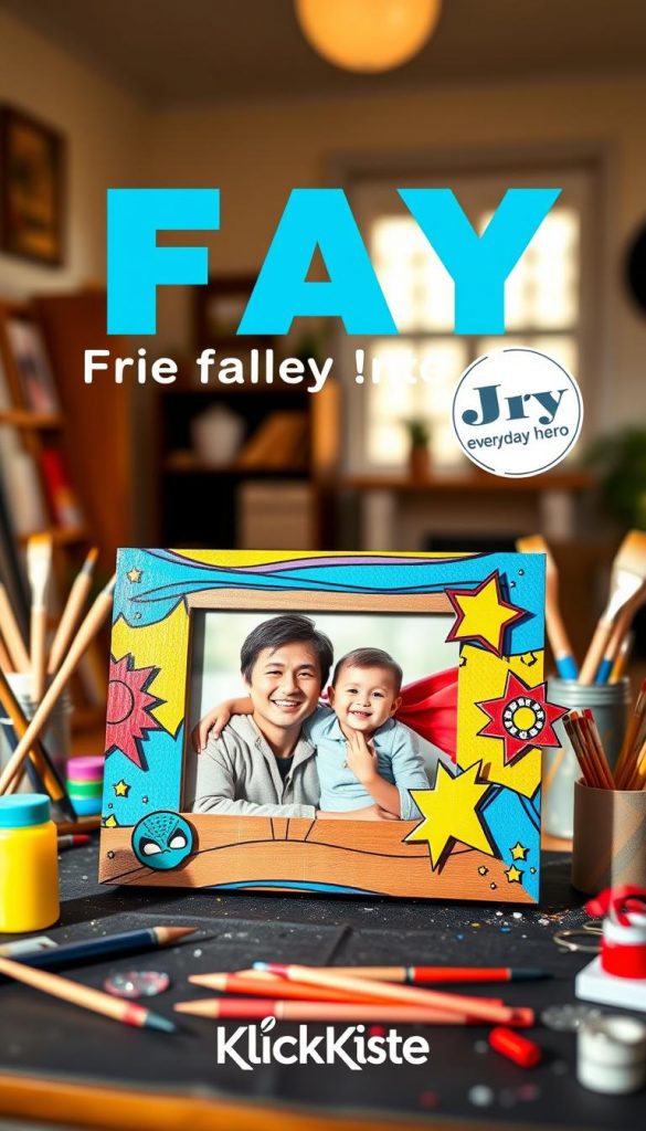 A vibrant and colorful DIY picture frame designed in a superhero theme, featuring comic-style graphics and bright primary colors. The frame has playful embellishments, like superhero masks and emblems. In the foreground, there is a beautifully crafted wooden frame holding a photograph of a father and child, both smiling in a casual setting. The middle ground showcases various art supplies such as paints, brushes, and decorative elements, hinting at the DIY aspect. In the background, a cozy room with warm, natural lighting creates an inviting and inspirational atmosphere, reminiscent of a Pinterest aesthetic. The overall mood is cheerful and heartwarming, symbolizing the father as the everyday hero. The brand "KlickKiste" is subtly incorporated into the design with a small, artistic logo.