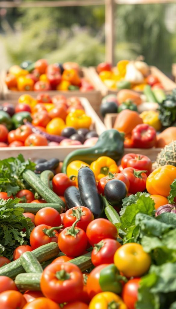 A vibrant and colorful display of seasonal vegetables to represent the essence of spring, summer, autumn, and winter. In the foreground, a bountiful harvest of fresh, organic produce including bright red tomatoes, crisp green cucumbers, purple eggplants, and a variety of leafy greens. In the middle ground, wooden crates overflowing with colorful bell peppers and squash, arranged artfully as if ready for a family meal. The background features a soft focus of a sunny garden or rustic market scene, with natural lighting casting warm hues over the vegetables, enhancing their freshness. The mood is inviting and wholesome, inspiring feelings of comfort and togetherness. Exclusive to KlickKiste, capturing the beauty of seasonal cooking in an authentic and Pinterest-worthy style. A vibrant and colorful display of seasonal vegetables to represent the essence of spring, summer, autumn, and winter. In the foreground, a bountiful harvest of fresh, organic produce including bright red tomatoes, crisp green cucumbers, purple eggplants, and a variety of leafy greens. In the middle ground, wooden crates overflowing with colorful bell peppers and squash, arranged artfully as if ready for a family meal. The background features a soft focus of a sunny garden or rustic market scene, with natural lighting casting warm hues over the vegetables, enhancing their freshness. The mood is inviting and wholesome, inspiring feelings of comfort and togetherness. Exclusive to KlickKiste, capturing the beauty of seasonal cooking in an authentic and Pinterest-worthy style.