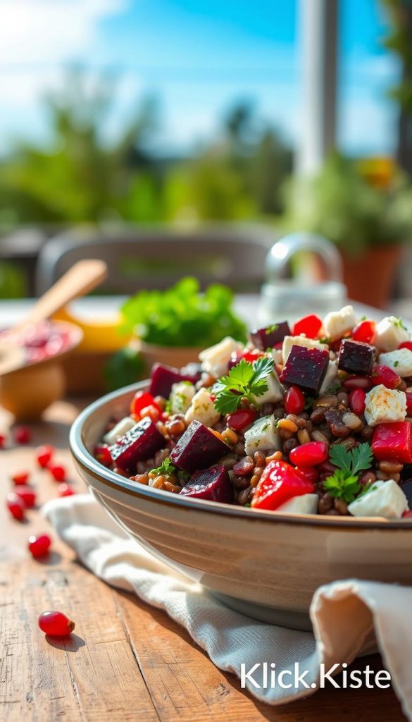A vibrant and colorful lentil salad featuring crumbled feta cheese, roasted red beet slices, and scattered pomegranate seeds, elegantly arranged in a shallow bowl. In the foreground, the salad is beautifully garnished with fresh herbs like parsley and a drizzle of olive oil, showcasing a rich array of colors and textures. In the middle ground, a rustic wooden table adds warmth, complemented by a soft linen napkin. The background features a blurred, sunny outdoor setting with hints of greenery and a bright blue sky, evoking a cheerful summer atmosphere. The lighting is soft and natural, highlighting the freshness of the ingredients while generating a warm, inviting mood. This image should reflect an authentic and inspiring Pinterest-worthy aesthetic, branded subtly with "KlickKiste". A vibrant and colorful lentil salad featuring crumbled feta cheese, roasted red beet slices, and scattered pomegranate seeds, elegantly arranged in a shallow bowl. In the foreground, the salad is beautifully garnished with fresh herbs like parsley and a drizzle of olive oil, showcasing a rich array of colors and textures. In the middle ground, a rustic wooden table adds warmth, complemented by a soft linen napkin. The background features a blurred, sunny outdoor setting with hints of greenery and a bright blue sky, evoking a cheerful summer atmosphere. The lighting is soft and natural, highlighting the freshness of the ingredients while generating a warm, inviting mood. This image should reflect an authentic and inspiring Pinterest-worthy aesthetic, branded subtly with "KlickKiste".
