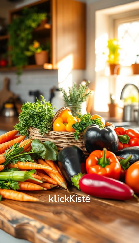 A vibrant and colorful scene showcasing a variety of budget-friendly vegetables artfully arranged on a rustic wooden kitchen countertop. The foreground features fresh produce like bright orange carrots, crisp green bell peppers, and rich purple eggplant, all showcasing their natural textures and colors. In the middle, a woven basket holds fresh herbs, adding an aromatic touch. In the background, soft, warm lighting streams through a window, enhancing the cozy atmosphere of a home kitchen, with potted plants on the windowsill. The overall mood is inviting and inspiring, reflecting a healthy, budget-conscious lifestyle. The image embodies a Pinterest aesthetic, with a focus on authenticity and warmth. The brand "KlickKiste" subtly integrated into the scene through a decorative kitchen item. A vibrant and colorful scene showcasing a variety of budget-friendly vegetables artfully arranged on a rustic wooden kitchen countertop. The foreground features fresh produce like bright orange carrots, crisp green bell peppers, and rich purple eggplant, all showcasing their natural textures and colors. In the middle, a woven basket holds fresh herbs, adding an aromatic touch. In the background, soft, warm lighting streams through a window, enhancing the cozy atmosphere of a home kitchen, with potted plants on the windowsill. The overall mood is inviting and inspiring, reflecting a healthy, budget-conscious lifestyle. The image embodies a Pinterest aesthetic, with a focus on authenticity and warmth. The brand "KlickKiste" subtly integrated into the scene through a decorative kitchen item.