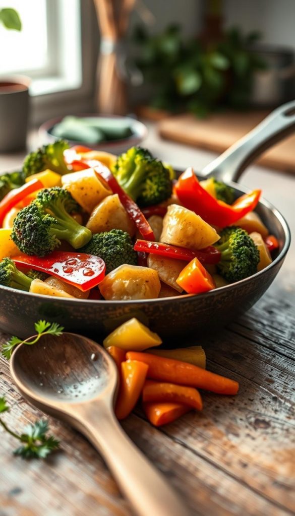A vibrant and colorful stir-fried vegetable dish featuring Maultaschen, broccoli, bell peppers, and carrots elegantly arranged in a rustic frying pan. In the foreground, include a wooden spoon resting beside the pan, with some vegetables artistically spilling out onto a textured wooden table. In the middle, the fresh ingredients glisten with a light drizzle of oil, showcasing their vivid colors—deep green broccoli, bright red and yellow bell peppers, and succulent orange carrots. Soft, natural lighting creates an inviting and warm atmosphere, highlighting the freshness of the vegetables. In the background, there's a gently blurred kitchen scene, evoking a cozy, home-cooked feel. This image captures the essence of healthy, light summer dishes, embodying the spirit of "KlickKiste." A vibrant and colorful stir-fried vegetable dish featuring Maultaschen, broccoli, bell peppers, and carrots elegantly arranged in a rustic frying pan. In the foreground, include a wooden spoon resting beside the pan, with some vegetables artistically spilling out onto a textured wooden table. In the middle, the fresh ingredients glisten with a light drizzle of oil, showcasing their vivid colors—deep green broccoli, bright red and yellow bell peppers, and succulent orange carrots. Soft, natural lighting creates an inviting and warm atmosphere, highlighting the freshness of the vegetables. In the background, there's a gently blurred kitchen scene, evoking a cozy, home-cooked feel. This image captures the essence of healthy, light summer dishes, embodying the spirit of "KlickKiste."