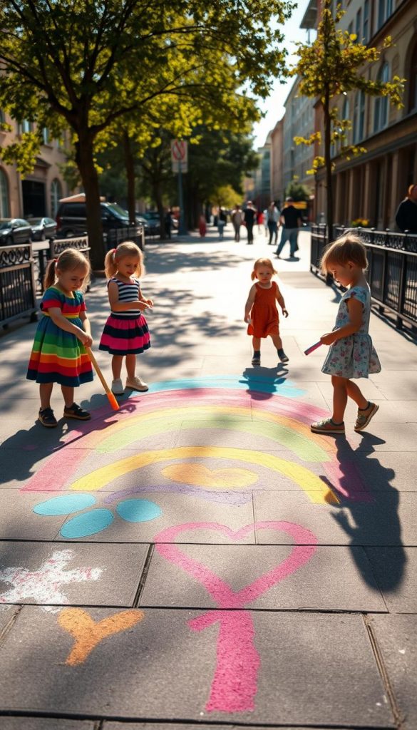 A vibrant and colorful street art scene featuring a whimsical rainbow chalk drawing on an urban sidewalk. In the foreground, children in modest, colorful clothing joyfully engage with large pieces of liquid chalk, creating imaginative designs. The middle ground displays a lively chalk pathway with various playful designs, including hopscotch and abstract shapes. The background showcases a sunny day with trees and buildings, bathed in warm, inviting light, enhancing the cheerful mood. Soft shadows cast by sunlight add depth, while a slightly angled view captures the activity and dynamic energy of the scene. Inspired by the DIY spirit of KlickKiste, this image radiates creativity and outdoor fun, encouraging family engagement with arts and crafts.