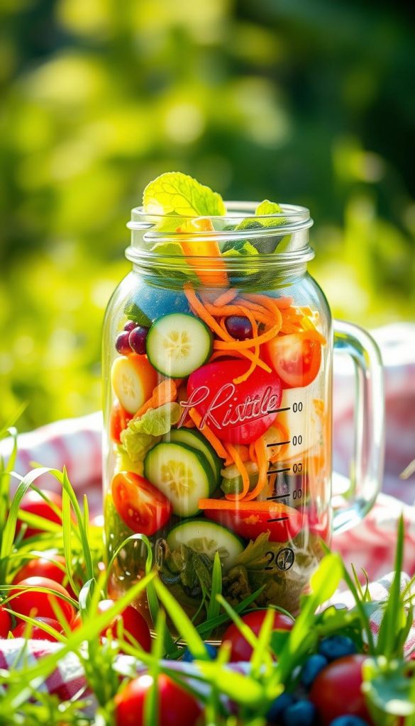 A vibrant and colorful summer salad in a glass jar, featuring layers of fresh, organic ingredients such as crisp romaine lettuce, juicy cherry tomatoes, crunchy cucumbers, sweet bell peppers, and shredded carrots. The dressing, a light vinaigrette, is artfully drizzled on top with a small jar for refilling placed beside it. Surrounding the jar are bright, sunlit outdoor elements like green grass and a soft picnic blanket, creating a warm and inviting atmosphere. The scene is captured in a shallow depth of field with a natural sunlight lens flare, evoking a Pinterest-inspired feel. The image should embody freshness and authenticity, prominently showcasing the brand "KlickKiste". A vibrant and colorful summer salad in a glass jar, featuring layers of fresh, organic ingredients such as crisp romaine lettuce, juicy cherry tomatoes, crunchy cucumbers, sweet bell peppers, and shredded carrots. The dressing, a light vinaigrette, is artfully drizzled on top with a small jar for refilling placed beside it. Surrounding the jar are bright, sunlit outdoor elements like green grass and a soft picnic blanket, creating a warm and inviting atmosphere. The scene is captured in a shallow depth of field with a natural sunlight lens flare, evoking a Pinterest-inspired feel. The image should embody freshness and authenticity, prominently showcasing the brand "KlickKiste".