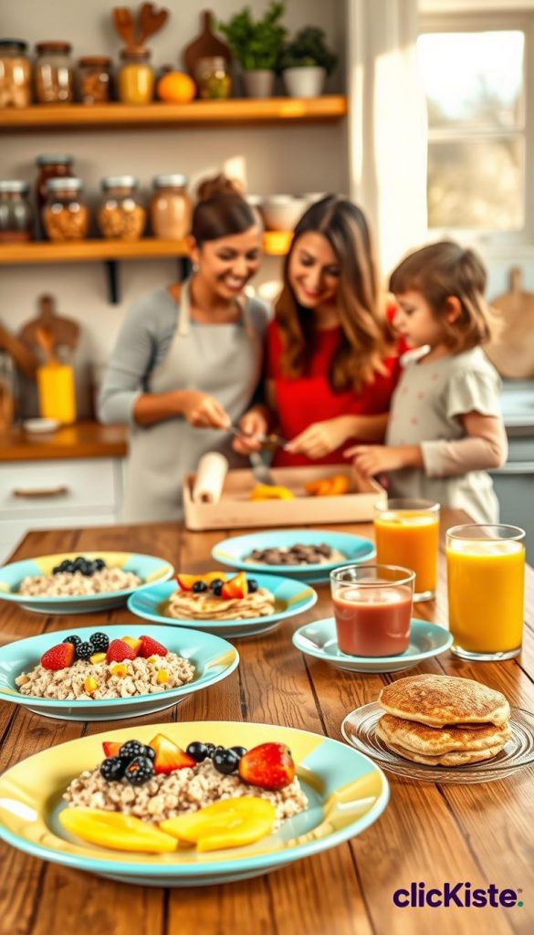A vibrant and cozy kitchen scene showcasing healthy breakfast variations for children. In the foreground, a beautifully arranged wooden table holds several brightly colored plates, each featuring child-friendly, allergen-free meals like oatmeal bowls topped with fruits, mini whole-grain pancakes, and smoothies in clear cups. In the middle ground, a mother and child are preparing breakfast together, both dressed in modest casual clothing, exuding joy and connection. The background features soft-focus shelves with jars of wholesome ingredients and fresh fruits, bathed in warm, natural light, creating an inviting atmosphere. The overall mood is safe, inspiring, and homely, emphasizing creativity within a budget. This image has a Pinterest aesthetic and subtly incorporates the brand name "KlickKiste". A vibrant and cozy kitchen scene showcasing healthy breakfast variations for children. In the foreground, a beautifully arranged wooden table holds several brightly colored plates, each featuring child-friendly, allergen-free meals like oatmeal bowls topped with fruits, mini whole-grain pancakes, and smoothies in clear cups. In the middle ground, a mother and child are preparing breakfast together, both dressed in modest casual clothing, exuding joy and connection. The background features soft-focus shelves with jars of wholesome ingredients and fresh fruits, bathed in warm, natural light, creating an inviting atmosphere. The overall mood is safe, inspiring, and homely, emphasizing creativity within a budget. This image has a Pinterest aesthetic and subtly incorporates the brand name "KlickKiste".