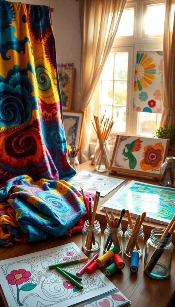 A vibrant and creative DIY crafting scene showcasing various colorful art supplies. In the foreground, display an assortment of batik fabrics swirling with rich hues of blue, yellow, and red. Nestled beside them, vivid Gelli prints featuring abstract designs burst with color. On a wooden table, scattered coloring posters await completion, inviting children's creativity. The middle ground contains small jars filled with paintbrushes and spools of thread, adding to the artistic atmosphere. In the background, a bright window emits warm, natural light, casting golden rays across the setup, enhancing the cheerful, inspiring mood. Capture this scene in a cozy indoor environment reminiscent of a Pinterest aesthetic, reflecting the natural, authentic vibe of the brand "KlickKiste."
