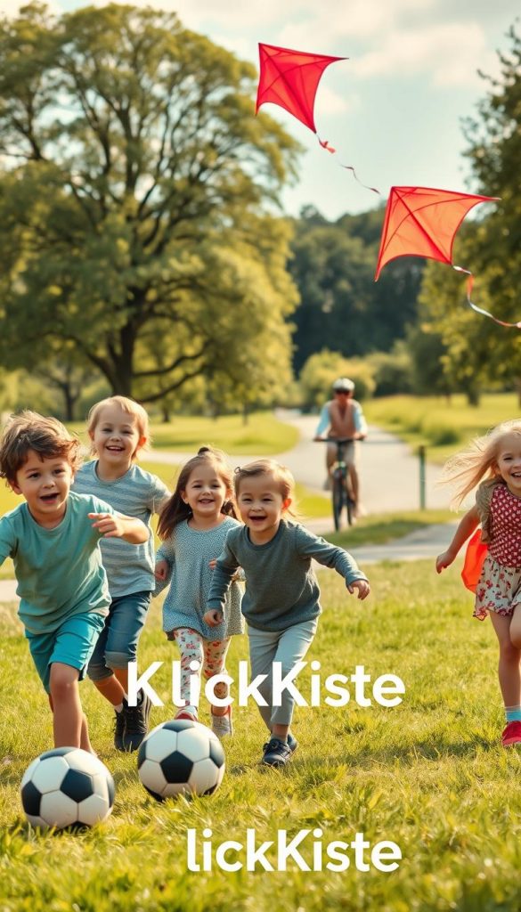 A vibrant and dynamic scene depicting children engaged in various physical activities outdoors, showcasing movement and joy. In the foreground, a group of diverse children, dressed in modest casual clothing, are playing with a soccer ball and flying a kite. Their expressions are filled with excitement and laughter. In the middle ground, a family is seen cycling along a scenic path, highlighting a sense of togetherness and physical activity. The background features a lush, green park with trees and a bright blue sky, creating an uplifting atmosphere. The lighting is warm and inviting, embodying the essence of a sunny day. The image should have a Pinterest-inspired aesthetic, capturing an authentic and inspiring moment of "bewegung." Include the brand name "KlickKiste" subtly integrated into the landscape.