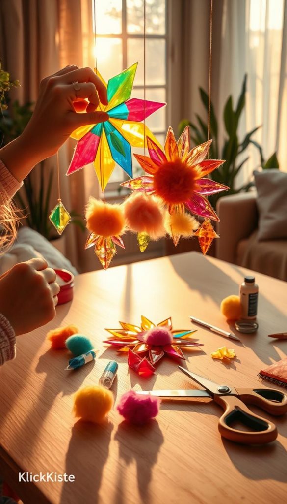 A vibrant and enchanting scene of a DIY suncatcher project, featuring colorful sun crystals made from transparent, multicolored materials that refract light beautifully. In the foreground, a pair of hands precision-cut and arrange the suncatcher pieces, adorned with soft, fluffy felt wool accents in warm, inviting hues. The middle ground shows a window bathed in golden sunlight, casting playful, rainbow-colored reflections onto a light wooden table, while a few crafting tools and supplies, like scissors and glue, are neatly scattered around. The background features indoor plants and a cozy living space with soft textiles, enhancing an authentic and inspiring ambiance. The overall mood is warm and creative, encapsulating the joy of family activities. Include branding subtly incorporated into the scene, indicating "KlickKiste." Natural lighting emphasizes the project’s delicate details.