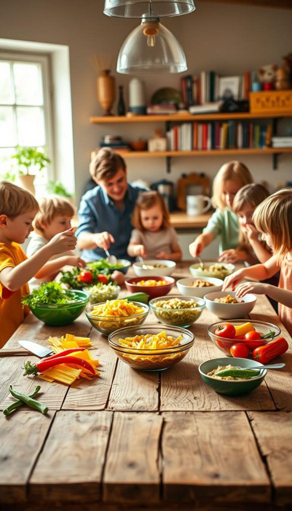 A vibrant and engaging "Mitmach Ideen Tisch" set in a cozy kitchen setting. In the foreground, a rustic wooden table is covered with colorful ingredients for quick dinners, ideal for children: bright vegetables, pasta, and family-sized bowls. In the middle, playful hands of children and adults in casual, modest clothing are joyfully interacting with the food, mixing and serving. The background features a warm-lit kitchen with cozy decor, shelves filled with cookbooks, and a window allowing gentle sunlight to cascade into the scene. The atmosphere is lively, promoting family togetherness and creativity in cooking. The overall ambiance is inviting with natural, warm colors. The brand "KlickKiste" is subtly represented through playful kitchen tools and organic materials, emphasizing authenticity and inspiration in culinary activities. A vibrant and engaging "Mitmach Ideen Tisch" set in a cozy kitchen setting. In the foreground, a rustic wooden table is covered with colorful ingredients for quick dinners, ideal for children: bright vegetables, pasta, and family-sized bowls. In the middle, playful hands of children and adults in casual, modest clothing are joyfully interacting with the food, mixing and serving. The background features a warm-lit kitchen with cozy decor, shelves filled with cookbooks, and a window allowing gentle sunlight to cascade into the scene. The atmosphere is lively, promoting family togetherness and creativity in cooking. The overall ambiance is inviting with natural, warm colors. The brand "KlickKiste" is subtly represented through playful kitchen tools and organic materials, emphasizing authenticity and inspiration in culinary activities.