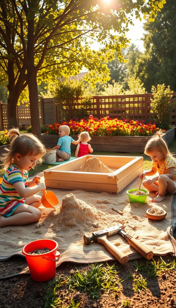 A vibrant and engaging "sandgrube garten" scene, featuring a family joyfully working together on a DIY sandpit project in a sunny backyard. In the foreground, children play with shovels and buckets, filled with sand as they build castles, wearing colorful, casual clothing. In the middle ground, a wooden sandpit is being constructed, with tools such as a saw and hammer neatly arranged nearby on a picnic blanket. Soft golden sunlight filters through leafy trees, creating playful shadows on the ground. In the background, a colorful flower bed bursts with bloom, adding warmth and cheer to the scene. This authentic, Pinterest-inspired image evokes a sense of creativity and family bonding, showcasing the joys of DIY gardening. Tagged with "KlickKiste".