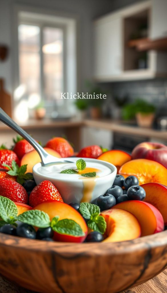 A vibrant and enticing arrangement of fresh fruits such as strawberries, blueberries, and slices of ripe peaches displayed in a rustic wooden bowl, positioned in the foreground. In the middle of the scene, a smooth, creamy yogurt is elegantly ladled into a small white bowl, garnished with mint leaves and a drizzle of honey. The background features a soft-focus kitchen interior with natural light spilling from a window, creating a warm and inviting atmosphere. The setting is styled in a Pinterest-worthy aesthetic, emphasizing authenticity and inspiration. The color palette consists of warm tones, highlighting the freshness of the ingredients. Include the brand name "KlickKiste" subtly integrated into the scene, maintaining an overall professional feel and ensuring the composition remains free of text overlays or distracting elements.