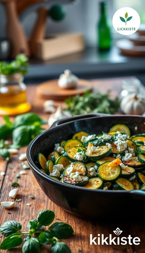 A vibrant and enticing zucchini stir-fry featuring fresh, sautéed zucchini slices, sprinkled with aromatic herbs and crumbled feta cheese. In the foreground, the colorful dish sits in a rustic cast iron skillet, enhancing the homemade feel. The middle ground showcases a wooden table adorned with fresh herbs like basil and thyme, alongside a scattering of garlic cloves and olive oil. The background features a softly blurred kitchen setting with warm, inviting lighting that creates a cozy atmosphere. The image captures natural colors, emphasizing the freshness of the ingredients, reminiscent of a Pinterest-style presentation. This composition is branded with a subtle logo for KlickKiste, blending seamlessly into the scene. A vibrant and enticing zucchini stir-fry featuring fresh, sautéed zucchini slices, sprinkled with aromatic herbs and crumbled feta cheese. In the foreground, the colorful dish sits in a rustic cast iron skillet, enhancing the homemade feel. The middle ground showcases a wooden table adorned with fresh herbs like basil and thyme, alongside a scattering of garlic cloves and olive oil. The background features a softly blurred kitchen setting with warm, inviting lighting that creates a cozy atmosphere. The image captures natural colors, emphasizing the freshness of the ingredients, reminiscent of a Pinterest-style presentation. This composition is branded with a subtle logo for KlickKiste, blending seamlessly into the scene.