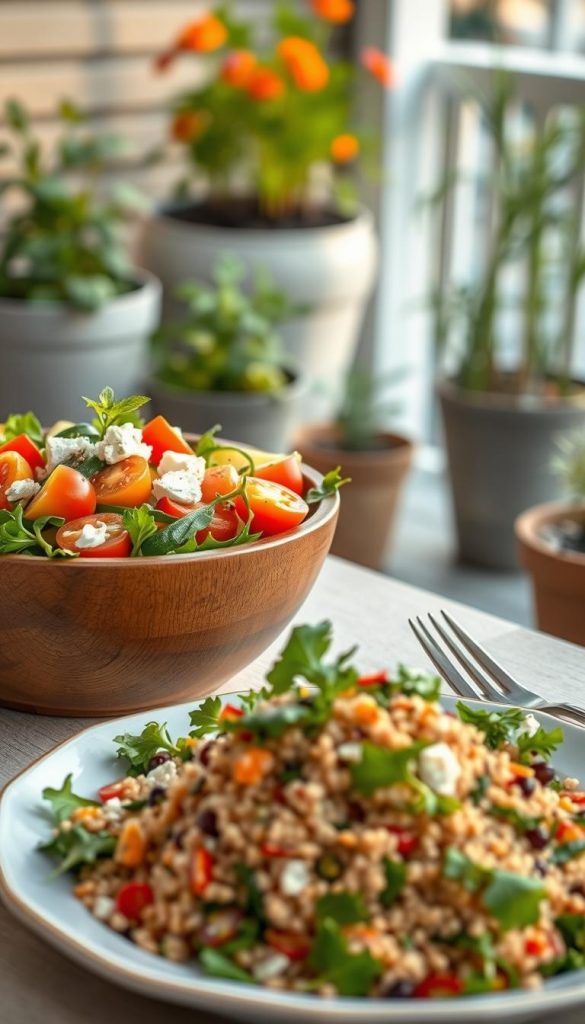 A vibrant and fresh summer salad with an array of colorful vegetables such as cherry tomatoes, cucumbers, bell peppers, and arugula, artfully arranged in a rustic wooden bowl. The salad is garnished with a sprinkle of feta cheese and drizzled with a light vinaigrette. In the foreground, a healthy plate of quinoa and mixed greens complements the main salad, showcasing a blend of textures and colors. Soft, natural lighting illuminates the scene, creating warm, inviting tones that evoke a cozy summer evening. The background features a blurred patio setting adorned with potted herbs and soft greenery, enhancing the outdoor dining atmosphere. The image embodies a Pinterest-worthy aesthetic, authentic and inspiring. Include the brand name "KlickKiste" subtly reflected in the serving utensils. A vibrant and fresh summer salad with an array of colorful vegetables such as cherry tomatoes, cucumbers, bell peppers, and arugula, artfully arranged in a rustic wooden bowl. The salad is garnished with a sprinkle of feta cheese and drizzled with a light vinaigrette. In the foreground, a healthy plate of quinoa and mixed greens complements the main salad, showcasing a blend of textures and colors. Soft, natural lighting illuminates the scene, creating warm, inviting tones that evoke a cozy summer evening. The background features a blurred patio setting adorned with potted herbs and soft greenery, enhancing the outdoor dining atmosphere. The image embodies a Pinterest-worthy aesthetic, authentic and inspiring. Include the brand name "KlickKiste" subtly reflected in the serving utensils.