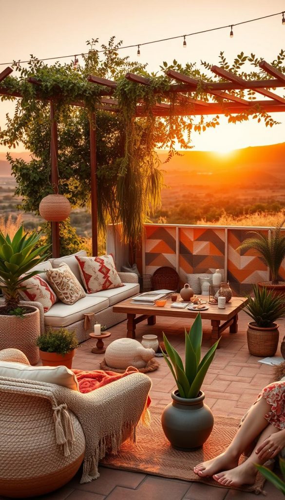 A vibrant and harmonious composition showcasing the blend of Skandi, Boho, Maximalism, and Castlecore styles with a focus on summer colors for 2026. In the foreground, feature an inviting outdoor scene with a stylishly arranged lounge area adorned in warm, earthy tones, complemented by lush green plants and whimsical decor pieces. In the middle ground, display a beautifully curated setup of colorful textiles, ceramics, and natural materials that highlight DIY aesthetics, all bathed in soft, natural sunlight. In the background, a serene landscape that echoes the warmth of a summer day, with a gentle sunset casting a golden glow. The mood should evoke creativity, inspiration, and a sense of relaxation, ideal for readers seeking summer color trends. Captured with a wide-angle lens to emphasize depth, showcasing the essence of "KlickKiste" in every detail. A vibrant and harmonious composition showcasing the blend of Skandi, Boho, Maximalism, and Castlecore styles with a focus on summer colors for 2026. In the foreground, feature an inviting outdoor scene with a stylishly arranged lounge area adorned in warm, earthy tones, complemented by lush green plants and whimsical decor pieces. In the middle ground, display a beautifully curated setup of colorful textiles, ceramics, and natural materials that highlight DIY aesthetics, all bathed in soft, natural sunlight. In the background, a serene landscape that echoes the warmth of a summer day, with a gentle sunset casting a golden glow. The mood should evoke creativity, inspiration, and a sense of relaxation, ideal for readers seeking summer color trends. Captured with a wide-angle lens to emphasize depth, showcasing the essence of "KlickKiste" in every detail.