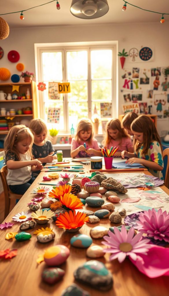 A vibrant and inspiring DIY crafting scene featuring a cozy workshop filled with colorful art supplies and cheerful decorations. In the foreground, a wooden table is adorned with various children’s craft projects, including handmade paper flowers, painted rocks, and tie-dyed fabrics, displaying free-form creativity. The middle layer showcases children, dressed in casual, colorful clothing, joyfully engaged in crafting, their hands busy with glue, scissors, and markers, exuding excitement and motivation. In the background, a bright window streams warm sunlight into the room, illuminating the cheerful atmosphere with golden tones. The walls display a collage of DIY inspiration boards, giving a Pinterest-like aesthetic. The overall mood is warm, inviting, and creatively stimulating, emphasizing exploration and imagination. Include a subtle logo of "KlickKiste" within the scene.
