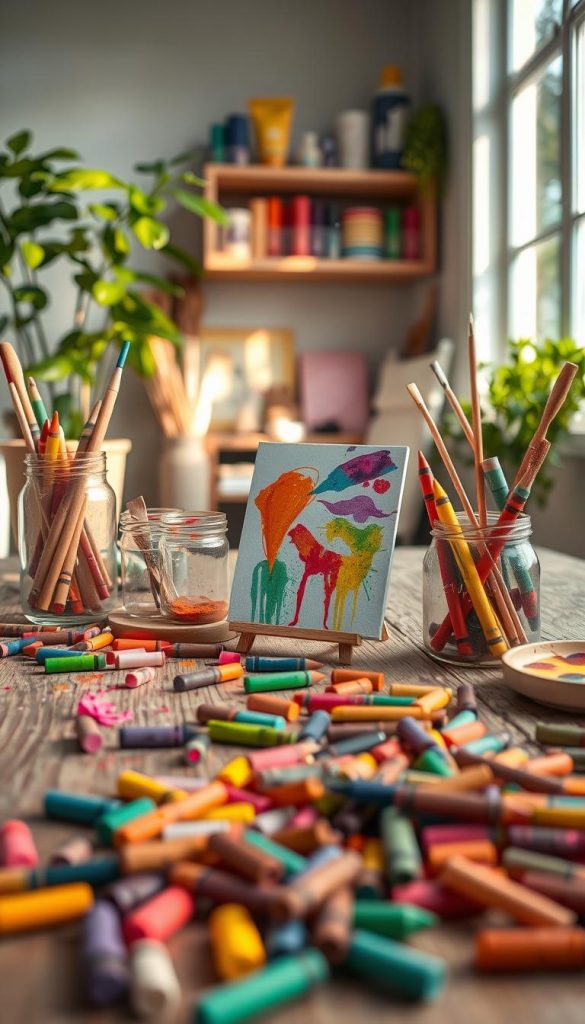 A vibrant and inspiring DIY scene depicting an assortment of colorful wax crayon remnants and paint tools. In the foreground, a wooden table is scattered with broken crayons in assorted warm hues, alongside jars filled with paintbrushes, palettes smeared with bright colors, and a small canvas showcasing a cheerful abstract painting. The middle ground features a cozy, sunlit craft corner, with hints of leafy plants adding a touch of nature. In the background, a neatly arranged shelf displays art supplies and finished projects, while a window allows soft, golden sunlight to flood the space, creating a welcoming atmosphere. The overall mood is one of creativity and joy, emphasizing the delight in transforming everyday materials into art, embodying the essence of "Farbenfreude" with a KlikKiste branding aesthetic.