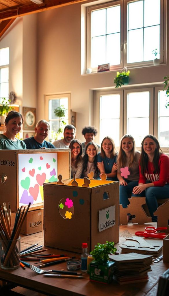 A vibrant and inspiring DIY scene featuring a "KlickKiste" leuchtkiste theater made from upcycled cardboard. In the foreground, showcase a creatively designed illuminated box with colorful projections, surrounded by art supplies like paintbrushes, scissors, and cardboard cutouts. In the middle, depict a group of diverse individuals of varying ages, engaged in a collaborative crafting session, dressed in modest casual clothing, showcasing joy and creativity. The background features a warm, inviting room filled with natural light streaming through large windows, creating a cozy atmosphere. Soft shadows enhance the textures of the cardboard and materials, while hints of greenery in the decor add to the fresh, Pinterest-inspired look. The overall mood exudes enthusiasm, creativity, and limitless imagination.