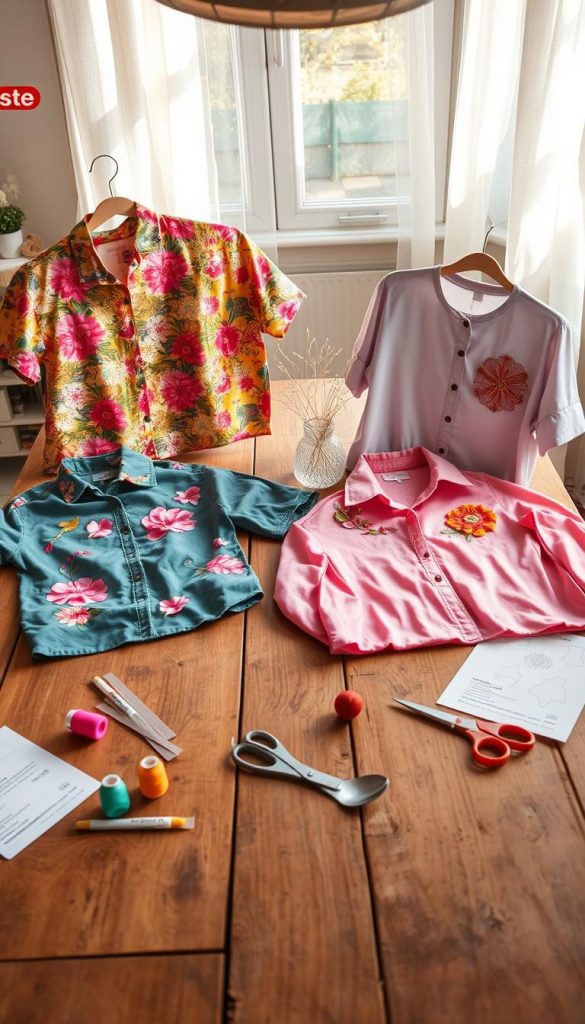 A vibrant and inspiring DIY scene showcasing various upcycled shirts, creatively displayed on a rustic wooden table. In the foreground, there are four colorful upcycled shirts, each with unique designs, including floral patterns, recycled fabric embellishments, and stylish cuts. The middle ground features crafting materials like scissors, threads, and sewing patterns, offering a sense of creativity in action. The background is adorned with a soft, natural light filtering through a window, casting warm shadows that enhance the cozy atmosphere. The setting resembles a Pinterest aesthetic, emphasizing authenticity and inspiration, while the brand name "KlickKiste" subtly displayed in the corner. The overall mood is inviting, warm, and encouraging, perfect for a DIY project vibe.