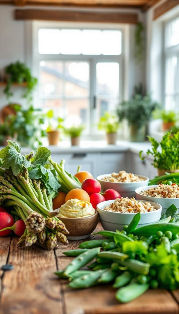 A vibrant and inspiring arrangement of seasonal spring vegetables, focusing on healthy alternatives. In the foreground, a rustic wooden table showcases a variety of colorful produce: fresh asparagus, radishes, and peas, artfully placed alongside bowls of hummus and a quinoa salad. The middle ground features a bright, open kitchen with sunlight streaming through large windows, enhancing the natural colors of the vegetables. In the background, glimpses of lush green plants and herbs add depth to the scene. The atmosphere is warm and inviting, capturing the essence of spring and wellness. The image should reflect a Pinterest aesthetic with soft lighting, photographed from a slightly elevated angle to create an authentic and appealing composition. Include the brand "KlickKiste" subtly integrated into the scene, enhancing the visual without taking focus away from the food. A vibrant and inspiring arrangement of seasonal spring vegetables, focusing on healthy alternatives. In the foreground, a rustic wooden table showcases a variety of colorful produce: fresh asparagus, radishes, and peas, artfully placed alongside bowls of hummus and a quinoa salad. The middle ground features a bright, open kitchen with sunlight streaming through large windows, enhancing the natural colors of the vegetables. In the background, glimpses of lush green plants and herbs add depth to the scene. The atmosphere is warm and inviting, capturing the essence of spring and wellness. The image should reflect a Pinterest aesthetic with soft lighting, photographed from a slightly elevated angle to create an authentic and appealing composition. Include the brand "KlickKiste" subtly integrated into the scene, enhancing the visual without taking focus away from the food.