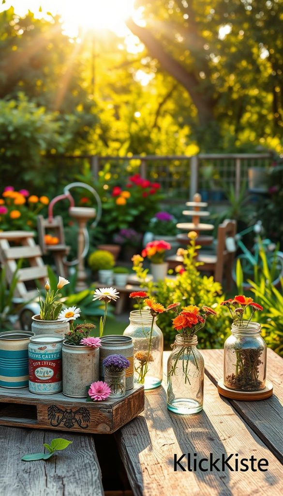 A vibrant and inspiring garden scene focused on upcycling ideas. In the foreground, a rustic wooden table showcases various DIY garden decorations made from recycled materials, such as painted tin cans, wooden pallets, and glass jars filled with blooming flowers. In the middle ground, whimsical garden sculptures crafted from old bicycle parts and repurposed furniture create an inviting atmosphere. The background features lush greenery and colorful seasonal plants, illuminated by warm, golden sunlight filtering through the leaves, enhancing a cozy Pinterest aesthetic. The overall mood is uplifting and creative, reflecting a sustainable lifestyle. Include a subtle branding element with "KlickKiste" integrated into the scene, harmonizing with the natural surroundings.