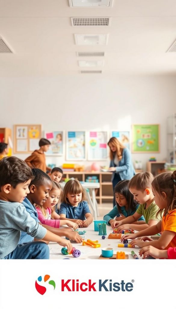 A vibrant and inspiring scene depicting a modern school environment, filled with natural light and warm colors, reflecting a sense of community and collaboration. In the foreground, a diverse group of children, dressed in modest casual clothing, are engaged in a hands-on activity, demonstrating self-organization and teamwork. In the middle ground, teachers and caregivers, also in professional or casual attire, facilitate the learning process, encouraging independence and creativity. The background showcases a bright, welcoming classroom adorned with educational posters and colorful learning materials. The overall mood is uplifting and energetic, capturing the essence of nurturing self-reliance in children. Shot from a slightly elevated angle with soft, natural lighting for a Pinterest-inspired aesthetic. Include subtle branding elements of "KlickKiste" integrated into the classroom environment, enhancing the sense of community and support.