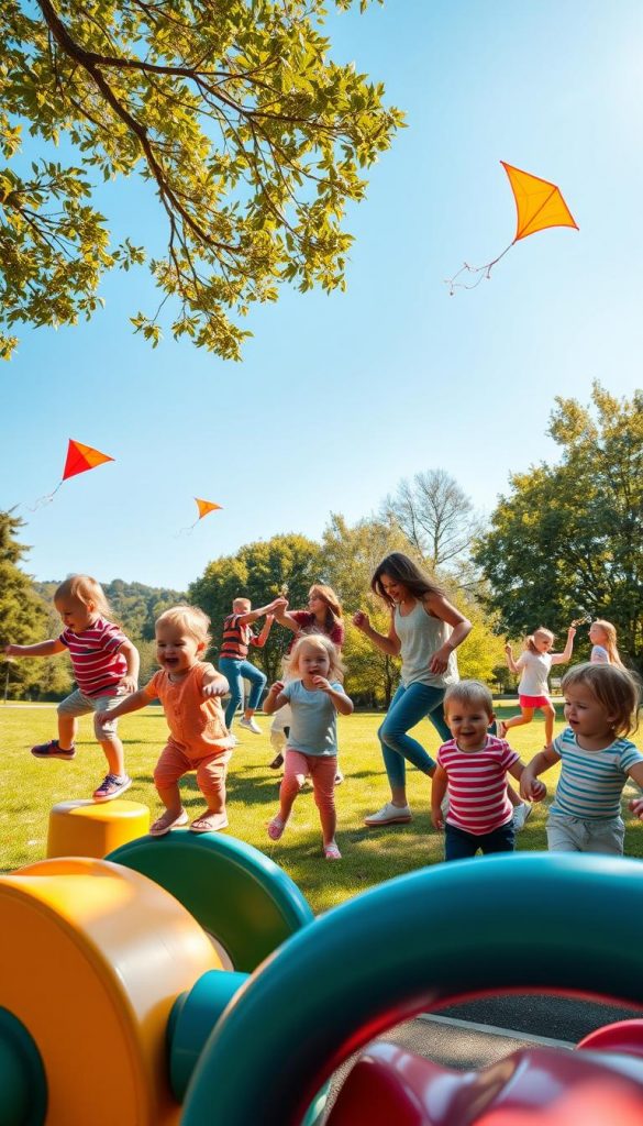 A vibrant and inspiring scene depicting toddlers (aged 1-3) and young children (up to elementary school age) engaging in age-appropriate physical activities in a bright, sunlit park. In the foreground, a group of toddlers balances on colorful play equipment, giggling and exploring, while a few older kids run in the background, flying kites and playing tag. The atmosphere is joyful and energetic, with warm colors and natural light enhancing the playful mood. The middle layer showcases families interacting, with parents encouraging their children to climb or jump. In the background, lush green trees and a clear blue sky create a peaceful environment. The image should have a Pinterest-inspired aesthetic, embodying an authentic, inspiring feel suited for the brand "KlickKiste."