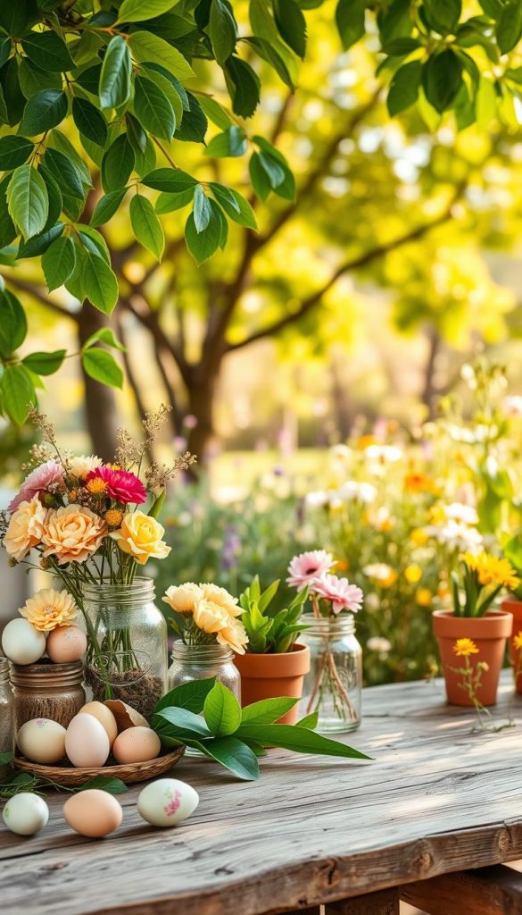 A vibrant and inspiring spring scene composed of lush green leaves and blooming flowers in warm, pastel colors. In the foreground, a rustic wooden table adorned with various DIY spring decorations, including carefully arranged pastel-colored eggs, delicate flower arrangements in mason jars, and hand-painted terracotta pots. The middle ground features an inviting garden with wildflowers and newly sprouted plants, creating a natural color palette that transitions from soft pinks and yellows to refreshing greens. In the background, softly blurred trees bask in warm sunlight, providing a serene, uplifting atmosphere. The image captures the essence of sustainable spring decor, showcasing a harmonious blend of nature and creativity. Emphasize an authentic Pinterest-inspired aesthetic with a gentle, diffused lighting effect, ideal for crafting a cozy, welcoming spring vibe that resonates with the brand KlickKiste.