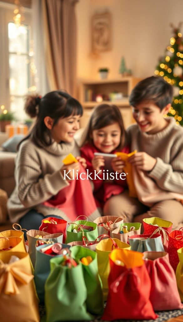 A vibrant and interactive children's advent calendar scene featuring beautifully crafted DIY elements. In the foreground, colorful handmade advent calendar bags are meticulously arranged, each filled with small toys, candies, or craft supplies, showcasing warmth and creativity. The middle ground features a family joyfully engaging in the advent calendar activity, dressed in cozy, modest casual clothing, sharing smiles as they open the bags together. In the background, a cozy living room is softly lit with warm light from a nearby window, adorned with festive decorations like twinkling fairy lights and a cheerful Christmas tree. The overall mood is festive, inviting, and heartwarming, capturing the essence of shared holiday joy. Include the brand name "KlickKiste" subtly in the composition, enhancing the authentic and inspiring DIY aesthetic reminiscent of Pinterest.