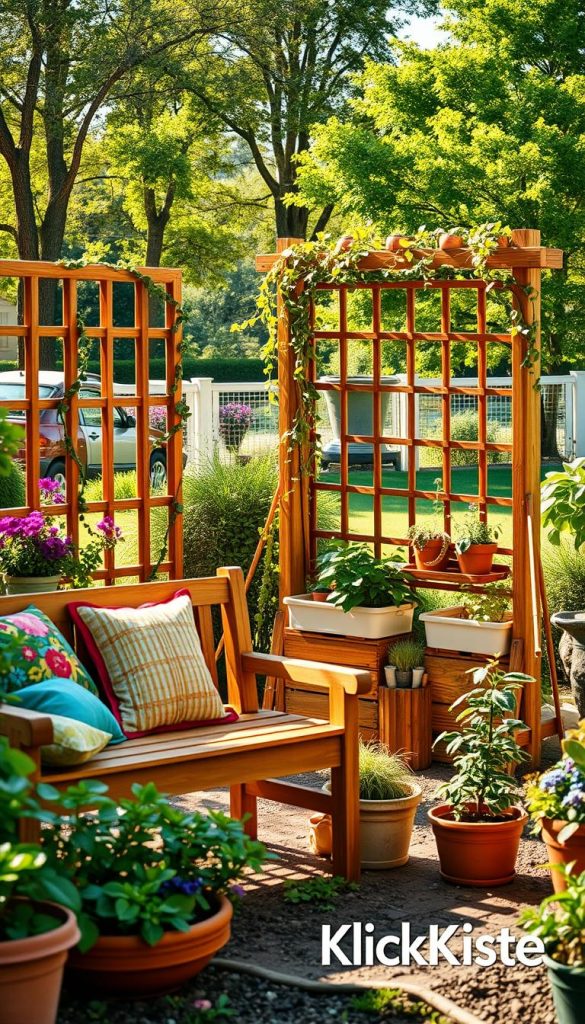 A vibrant and inviting DIY garden scene showcasing various wooden projects, all nestled in a lush outdoor setting. In the foreground, a beautifully arranged wooden bench with colorful cushions is flanked by potted plants and flowers, exuding warmth and charm. The middle ground features a DIY wooden trellis adorned with climbing vines, alongside planters made from reclaimed wood, showcasing creative garden organization. The background captures a serene view of a sunlit garden with trees casting soft shadows, enhancing the tranquil atmosphere. Natural lighting bathes the entire scene in a golden glow, creating a Pinterest-inspired aesthetic. The image embodies authenticity and inspiration, perfect for a DIY project theme. Include subtle branding elements of "KlickKiste" in the decor, harmoniously blending with the overall composition.
