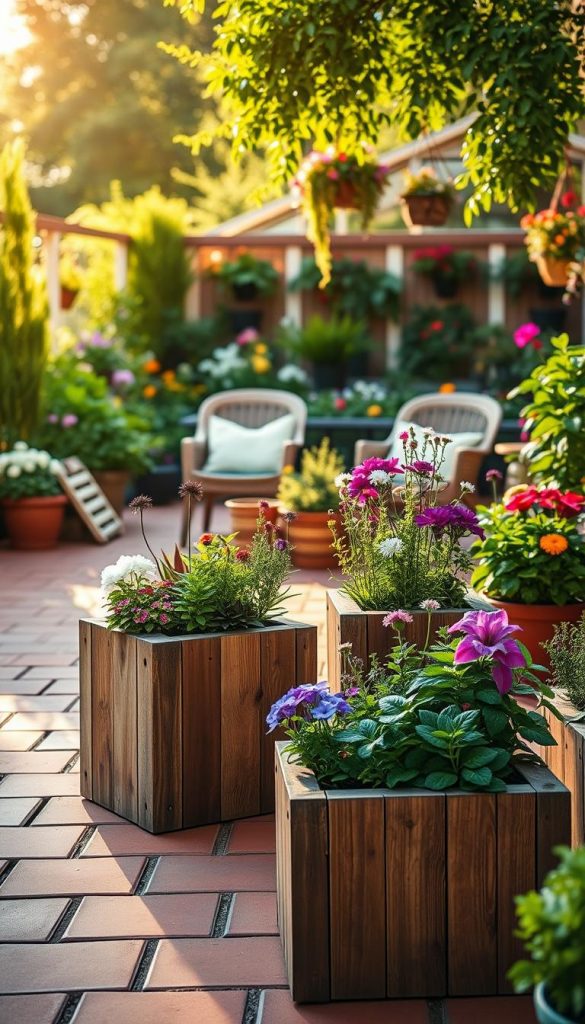 A vibrant and inviting Mietgarten, featuring stylish plant containers filled with a variety of colorful flowers and lush greenery. In the foreground, several medium-sized, rustic wooden plant pots are placed on a terracotta patio, showcasing the beauty of urban gardening. The middle ground includes a cozy seating area with comfortable chairs surrounded by carefully arranged plant pots, creating an atmosphere of relaxation and inspiration. In the background, a soft-focus view of a thriving community garden is visible under the warm glow of late afternoon sunlight, casting gentle shadows and enhancing warmth throughout the scene. The overall mood is bright and uplifting, capturing the essence of DIY gardening in a family-friendly setting. Include branding elements for "KlickKiste" subtly integrated into the garden design.