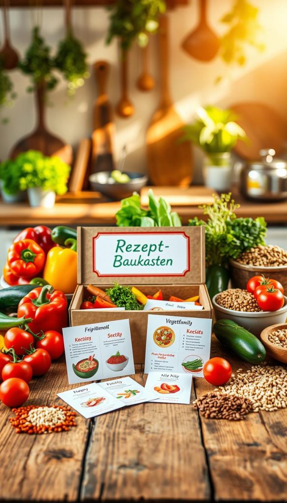 A vibrant and inviting "Rezept-Baukasten" concept displayed on a rustic wooden kitchen table. In the foreground, a variety of fresh, colorful vegetables such as bell peppers, tomatoes, and zucchini are neatly arranged alongside spices and grains, emphasizing vegetarian cuisine. In the middle, an open recipe box labeled "KlickKiste" reveals beautifully illustrated cards with different vegetarian meal ideas, showcasing a modular approach to family cooking. The background features softly blurred kitchen elements like hanging herbs and pots, bathed in warm, natural sunlight to create an authentic, homey atmosphere reminiscent of Pinterest aesthetics. This scene conveys inspiration and warmth, designed to evoke a sense of creativity in family meal preparation. A vibrant and inviting "Rezept-Baukasten" concept displayed on a rustic wooden kitchen table. In the foreground, a variety of fresh, colorful vegetables such as bell peppers, tomatoes, and zucchini are neatly arranged alongside spices and grains, emphasizing vegetarian cuisine. In the middle, an open recipe box labeled "KlickKiste" reveals beautifully illustrated cards with different vegetarian meal ideas, showcasing a modular approach to family cooking. The background features softly blurred kitchen elements like hanging herbs and pots, bathed in warm, natural sunlight to create an authentic, homey atmosphere reminiscent of Pinterest aesthetics. This scene conveys inspiration and warmth, designed to evoke a sense of creativity in family meal preparation.