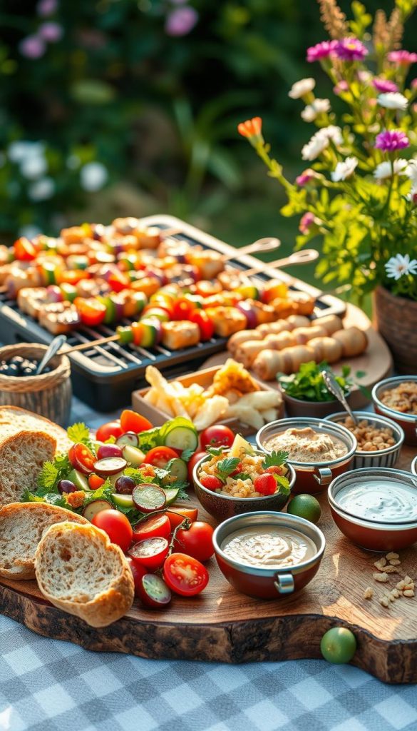 A vibrant and inviting arrangement of assorted side dishes ideal for warm days. In the foreground, a beautiful rustic wooden serving board showcases freshly baked artisanal bread, a colorful mixed salad with cherry tomatoes and cucumbers, and an array of homemade dips in small bowls, like hummus and tzatziki. The middle section features a grill with colorful skewers of vegetables and marinated meats, emanating a smoky flavor. In the background, a sun-drenched picnic table is adorned with green foliage and blooming flowers, emphasizing a joyful summertime atmosphere. The lighting is soft and warm, reminiscent of golden hour, while the composition is captured from a slightly elevated angle, giving a sense of abundance and inspiration. A hint of "KlickKiste" is subtly integrated into the scene, enhancing the authentic and Pinterest-worthy aesthetic. A vibrant and inviting arrangement of assorted side dishes ideal for warm days. In the foreground, a beautiful rustic wooden serving board showcases freshly baked artisanal bread, a colorful mixed salad with cherry tomatoes and cucumbers, and an array of homemade dips in small bowls, like hummus and tzatziki. The middle section features a grill with colorful skewers of vegetables and marinated meats, emanating a smoky flavor. In the background, a sun-drenched picnic table is adorned with green foliage and blooming flowers, emphasizing a joyful summertime atmosphere. The lighting is soft and warm, reminiscent of golden hour, while the composition is captured from a slightly elevated angle, giving a sense of abundance and inspiration. A hint of "KlickKiste" is subtly integrated into the scene, enhancing the authentic and Pinterest-worthy aesthetic.