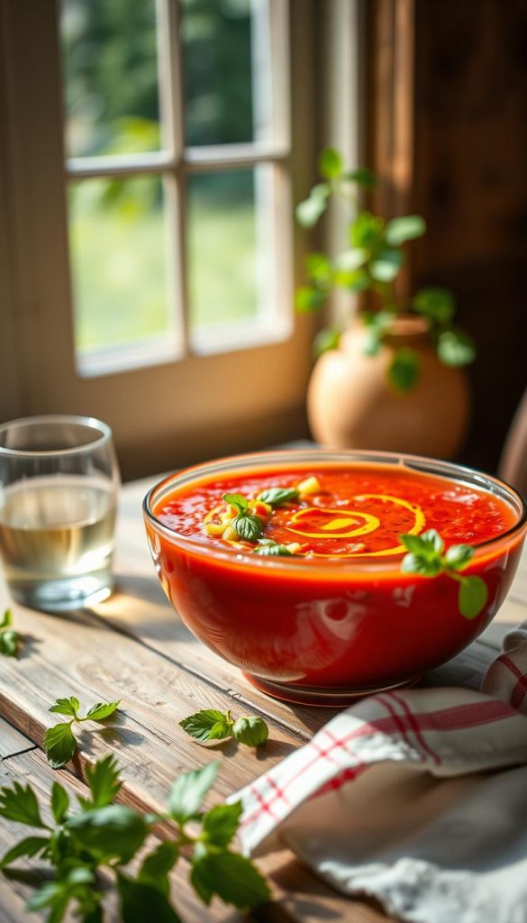 A vibrant and inviting bowl of gazpacho, showcasing a rich red color, garnished with finely chopped vegetables like cucumbers, bell peppers, and a splash of olive oil on top. The bowl is set on a rustic wooden table adorned with fresh basil and a small glass of chilled white wine nearby. In the background, soft, natural light filters through a window, illuminating the scene with warm tones, creating an inviting summer atmosphere. A hint of greenery can be seen outside the window, suggesting a tranquil garden setting. The image should inspire a sense of refreshment and summer joy, emphasizing the natural ingredients and simplicity of the dish. Captured in a soft focus, with an intimate close-up perspective to highlight the textures and colors, reflecting the essence of "KlickKiste." A vibrant and inviting bowl of gazpacho, showcasing a rich red color, garnished with finely chopped vegetables like cucumbers, bell peppers, and a splash of olive oil on top. The bowl is set on a rustic wooden table adorned with fresh basil and a small glass of chilled white wine nearby. In the background, soft, natural light filters through a window, illuminating the scene with warm tones, creating an inviting summer atmosphere. A hint of greenery can be seen outside the window, suggesting a tranquil garden setting. The image should inspire a sense of refreshment and summer joy, emphasizing the natural ingredients and simplicity of the dish. Captured in a soft focus, with an intimate close-up perspective to highlight the textures and colors, reflecting the essence of "KlickKiste."