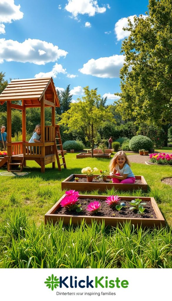 A vibrant and inviting children's garden designed for safety and creativity, featuring a variety of colorful flower beds and playful elements. In the foreground, a wooden play structure with climbing ropes and a slide, surrounded by lush green grass. The middle ground showcases a small vegetable patch with children engaged in planting, wearing modest casual clothing, with their joyful expressions reflecting excitement. In the background, a sun-drenched space with trees providing shade and a blue sky dotted with fluffy white clouds, enhancing the cheerful atmosphere. The lighting is warm and inviting, radiating a sense of freedom and exploration. This garden embodies a Pinterest-worthy design, perfect for inspiring families, branded with "KlickKiste" subtly integrated into the landscape.