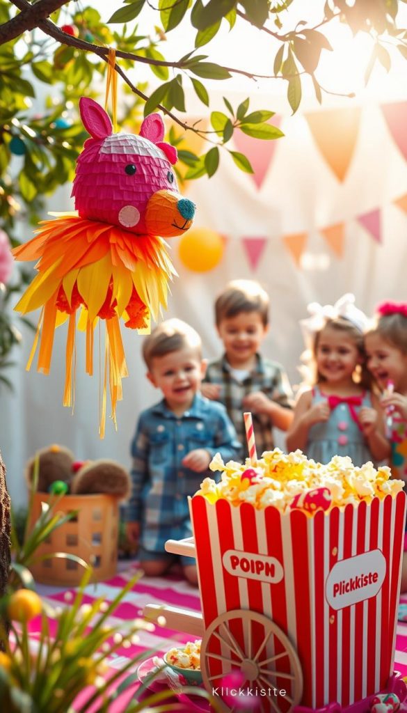 A vibrant and inviting children's party scene showcasing creative DIY projects made from cardboard and paper. In the foreground, a colorful piñata shaped like a cheerful animal hangs from a tree branch, while a popcorn belly cart filled with bright, fluffy popcorn is nearby, decorated with playful patterns. In the middle ground, cheerful children dressed in modest, colorful party attire are laughing and enjoying the festivities, engaging with a beautifully crafted paper party bag filled with delightful surprises. The background features a sunny ambiance with soft, warm lighting that enhances the festive atmosphere, creating a Pinterest-worthy vibe. The image should evoke a sense of joy and inspiration, capturing the essence of fun and creativity with the brand name "KlickKiste" subtly integrated into the decorations.
