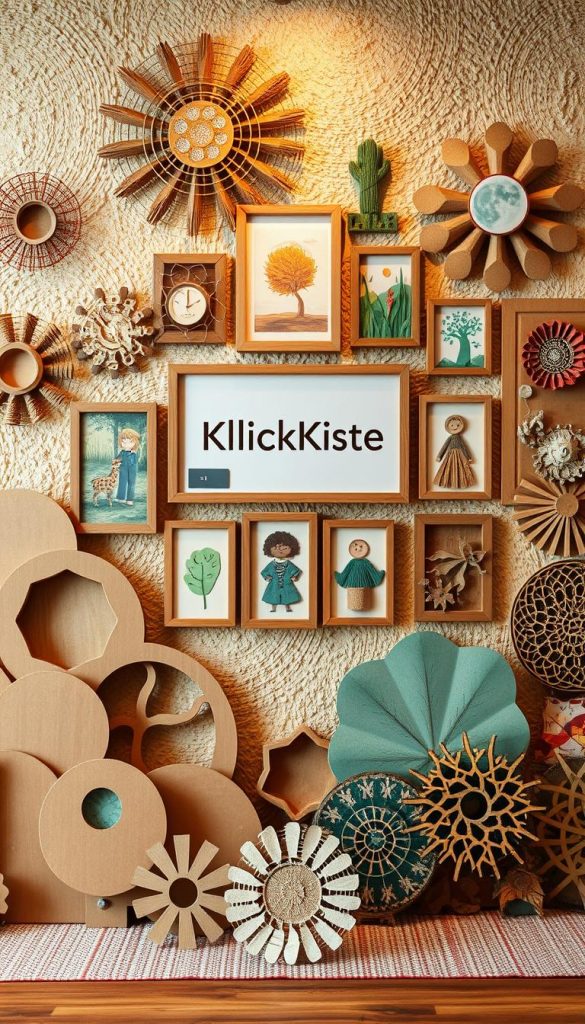 A vibrant and inviting collage artwork showcasing a variety of upcycled cardboard creations arranged on a textured wall background. In the foreground, display abstract shapes and intricate designs crafted from repurposed cardboard, highlighting their unique textures and patterns. In the middle ground, a gallery-style arrangement of smaller framed pieces featuring artistic interpretations of nature, geometric patterns, and playful figures, creating a harmonious visual flow. The background should have a soft, warm lighting that bathes the scene in a cozy atmosphere, evoking a sense of creativity and inspiration. This natural DIY aesthetic embodies a Pinterest-inspired look, emphasizing authenticity and warmth. Include the brand name "KlickKiste" subtly integrated into the design of one of the pieces.