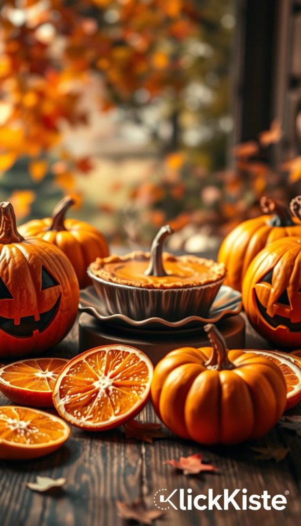 A vibrant and inviting composition featuring an assortment of playful orange pumpkins styled as Halloween snacks, beautifully arranged on a rustic wooden table. In the foreground, a few pumpkins are decorated with cute faces and surrounded by slices of orange revealing their juicy, bright flesh. In the middle, a richly colored pumpkin pie sits on a decorative plate, steam rising gently, evoking warmth and comfort. The background showcases a softly blurred autumn scene with colorful leaves, hinting at a cozy, festive atmosphere. Gentle, warm light bathes the entire scene, enhancing the rich oranges and browns, reminiscent of a Pinterest-worthy fall gathering. The overall mood is cheerful and inspiring, perfect for a Halloween theme, with the brand name "KlickKiste" subtly referenced through the arrangement. A vibrant and inviting composition featuring an assortment of playful orange pumpkins styled as Halloween snacks, beautifully arranged on a rustic wooden table. In the foreground, a few pumpkins are decorated with cute faces and surrounded by slices of orange revealing their juicy, bright flesh. In the middle, a richly colored pumpkin pie sits on a decorative plate, steam rising gently, evoking warmth and comfort. The background showcases a softly blurred autumn scene with colorful leaves, hinting at a cozy, festive atmosphere. Gentle, warm light bathes the entire scene, enhancing the rich oranges and browns, reminiscent of a Pinterest-worthy fall gathering. The overall mood is cheerful and inspiring, perfect for a Halloween theme, with the brand name "KlickKiste" subtly referenced through the arrangement.