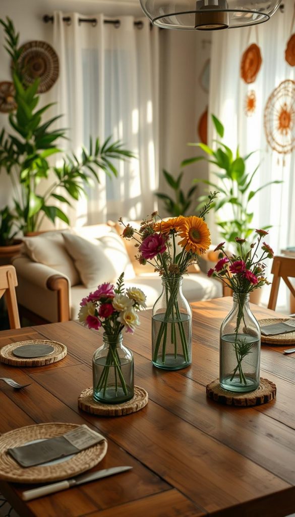 A vibrant and inviting dining room scene that embodies summer aesthetics, filled with natural DIY decorations inspired by KlickKiste. In the foreground, a beautifully set wooden table is adorned with upcycled glass vases filled with fresh seasonal flowers and handmade coasters. The middle ground features a cozy seating area with comfortable cushions, showcasing a blend of vintage and modern elements. Soft, warm lighting filters through sheer curtains, casting gentle shadows that enhance the atmosphere of sustainability and style. In the background, green potted plants add a touch of tranquility, and wall decorations made from recycled materials brighten the space. The overall mood is inspired and authentic, reflecting creativity and warmth, perfect for a modern summer dining experience. A vibrant and inviting dining room scene that embodies summer aesthetics, filled with natural DIY decorations inspired by KlickKiste. In the foreground, a beautifully set wooden table is adorned with upcycled glass vases filled with fresh seasonal flowers and handmade coasters. The middle ground features a cozy seating area with comfortable cushions, showcasing a blend of vintage and modern elements. Soft, warm lighting filters through sheer curtains, casting gentle shadows that enhance the atmosphere of sustainability and style. In the background, green potted plants add a touch of tranquility, and wall decorations made from recycled materials brighten the space. The overall mood is inspired and authentic, reflecting creativity and warmth, perfect for a modern summer dining experience.