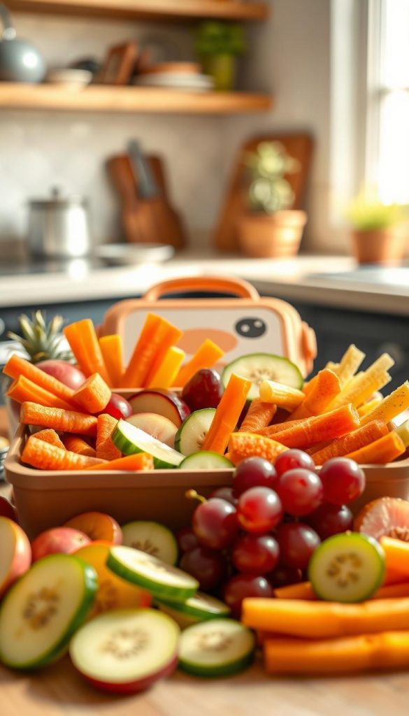 A vibrant and inviting display of assorted healthy snacks in a KlickKiste lunch box, featuring colorful fruits and fresh vegetables arranged artistically. In the foreground, showcase a variety of sliced apples, carrot sticks, cucumber rounds, and a handful of grapes, all glistening with freshness. The middle ground includes the KlickKiste lunchbox itself, made of eco-friendly materials with a playful design. In the background, softly blurred, a sunlit kitchen countertop with hints of kitchenware and a small plant to create an inviting atmosphere. Emphasize warm, natural colors to evoke a homey, inspiring vibe. Capture the scene with soft, diffused lighting to enhance the freshness of the snacks, using a shallow depth of field to focus on the lunchbox and its contents. A vibrant and inviting display of assorted healthy snacks in a KlickKiste lunch box, featuring colorful fruits and fresh vegetables arranged artistically. In the foreground, showcase a variety of sliced apples, carrot sticks, cucumber rounds, and a handful of grapes, all glistening with freshness. The middle ground includes the KlickKiste lunchbox itself, made of eco-friendly materials with a playful design. In the background, softly blurred, a sunlit kitchen countertop with hints of kitchenware and a small plant to create an inviting atmosphere. Emphasize warm, natural colors to evoke a homey, inspiring vibe. Capture the scene with soft, diffused lighting to enhance the freshness of the snacks, using a shallow depth of field to focus on the lunchbox and its contents.