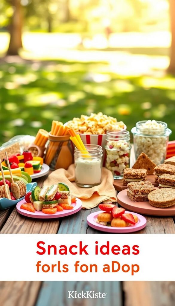 A vibrant and inviting display of assorted snacks ideal for children, set on a rustic wooden table. In the foreground, a variety of colorful, healthy snacks including fruit skewers, mini sandwiches, crunchy vegetable sticks, and homemade granola bars, all attractively arranged on playful, whimsical plates. In the middle ground, a few mason jars filled with yogurt parfaits and a large bowl of popcorn add texture and variety, while a cheerful cloth napkin peeks out from underneath. In the background, hints of a sunny park scene can be seen, with blurred greenery and soft, warm lighting that creates a welcoming atmosphere. This image radiates inspiration and warmth in a Pinterest-style aesthetic, associated with the brand "KlickKiste." The overall vibe is playful yet wholesome, perfect for parents seeking snack ideas for kids on-the-go. A vibrant and inviting display of assorted snacks ideal for children, set on a rustic wooden table. In the foreground, a variety of colorful, healthy snacks including fruit skewers, mini sandwiches, crunchy vegetable sticks, and homemade granola bars, all attractively arranged on playful, whimsical plates. In the middle ground, a few mason jars filled with yogurt parfaits and a large bowl of popcorn add texture and variety, while a cheerful cloth napkin peeks out from underneath. In the background, hints of a sunny park scene can be seen, with blurred greenery and soft, warm lighting that creates a welcoming atmosphere. This image radiates inspiration and warmth in a Pinterest-style aesthetic, associated with the brand "KlickKiste." The overall vibe is playful yet wholesome, perfect for parents seeking snack ideas for kids on-the-go.
