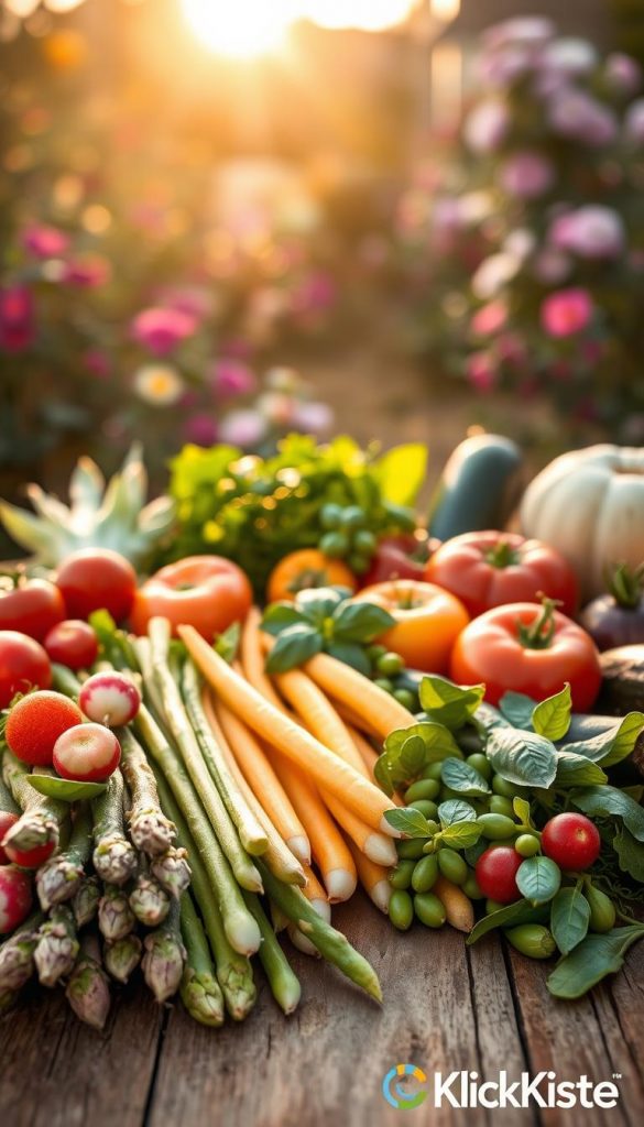 A vibrant and inviting display of seasonal vegetables arranged beautifully on a rustic wooden table. In the foreground, an array of fresh spring vegetables, such as asparagus, radishes, and peas, highlighted with dewdrops capturing morning light. In the middle, colorful heirloom tomatoes and zucchini are nestled amidst fragrant herbs like basil and thyme. The background features a soft-focus garden with blooming flowers under golden hour lighting, creating a warm, cozy atmosphere. The scene embodies a natural, Pinterest-worthy aesthetic, evoking feelings of freshness and inspiration for quick weeknight dinners. Capture this enchanting setup with a shallow depth of field to emphasize the details of the vegetables while keeping the background blurred. Include subtle branding for "KlickKiste" in a discreet manner without text overlays. A vibrant and inviting display of seasonal vegetables arranged beautifully on a rustic wooden table. In the foreground, an array of fresh spring vegetables, such as asparagus, radishes, and peas, highlighted with dewdrops capturing morning light. In the middle, colorful heirloom tomatoes and zucchini are nestled amidst fragrant herbs like basil and thyme. The background features a soft-focus garden with blooming flowers under golden hour lighting, creating a warm, cozy atmosphere. The scene embodies a natural, Pinterest-worthy aesthetic, evoking feelings of freshness and inspiration for quick weeknight dinners. Capture this enchanting setup with a shallow depth of field to emphasize the details of the vegetables while keeping the background blurred. Include subtle branding for "KlickKiste" in a discreet manner without text overlays.