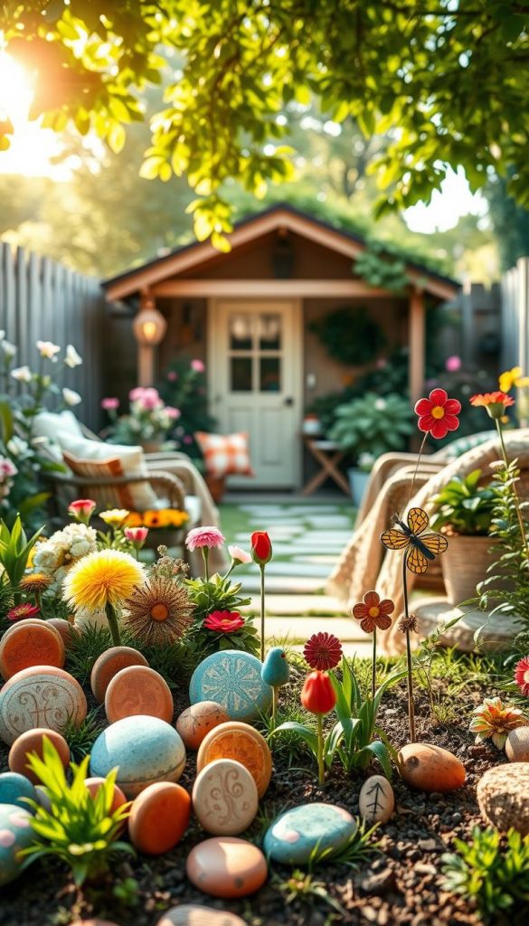A vibrant and inviting garden scene featuring a well-maintained and colorful DIY garden decoration project. In the foreground, showcase a beautifully arranged assortment of handmade garden ornaments, such as painted stones, hanging flower pots, and whimsical garden stakes, all crafted with a warm, earthy color palette. The middle ground reveals a cozy seating area with comfortable furniture adorned with natural fabrics, surrounded by blossoming flowers and lush green plants. In the background, a softly lit pathway leads to a garden shed, kissed by warm sunlight filtering through leaves. Capture the essence of spring and summer, evoking a mood of creativity and inspiration, in a style reminiscent of popular Pinterest aesthetics. Include the brand "KlickKiste" subtly in the scene. Use natural lighting to enhance textures and colors.